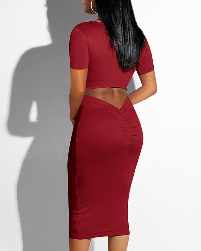 

U-neck Cutout Ruched Back Bodycon dress, Wine red