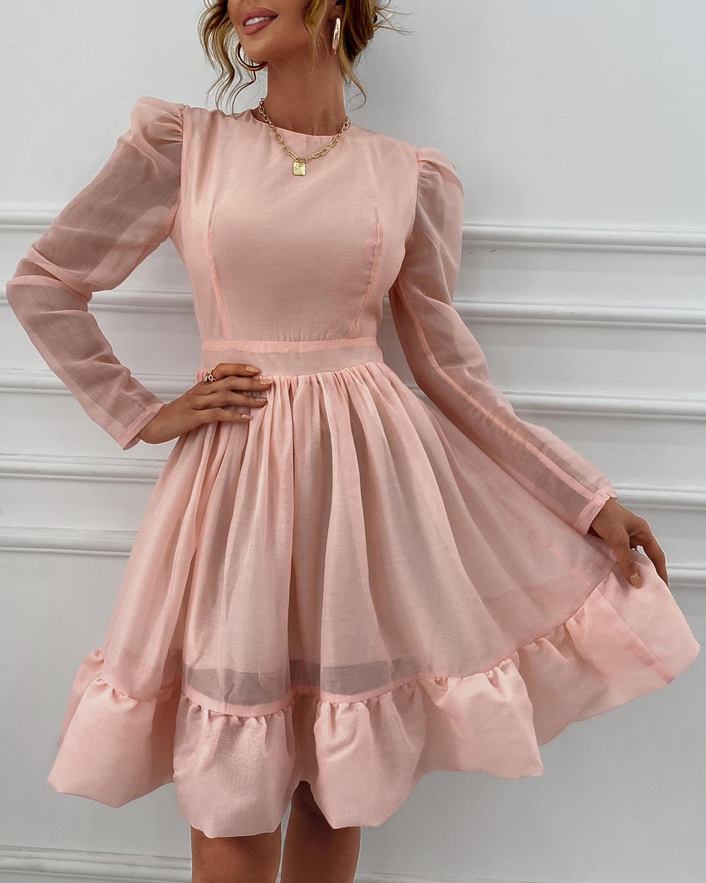 

Puffed Sleeve Ruffles Hem Evening Dress, Pink