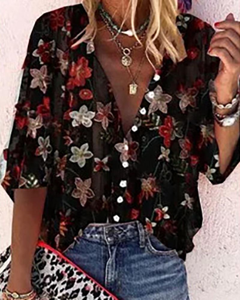 

Floral Print Long Sleeve Blouse, Black