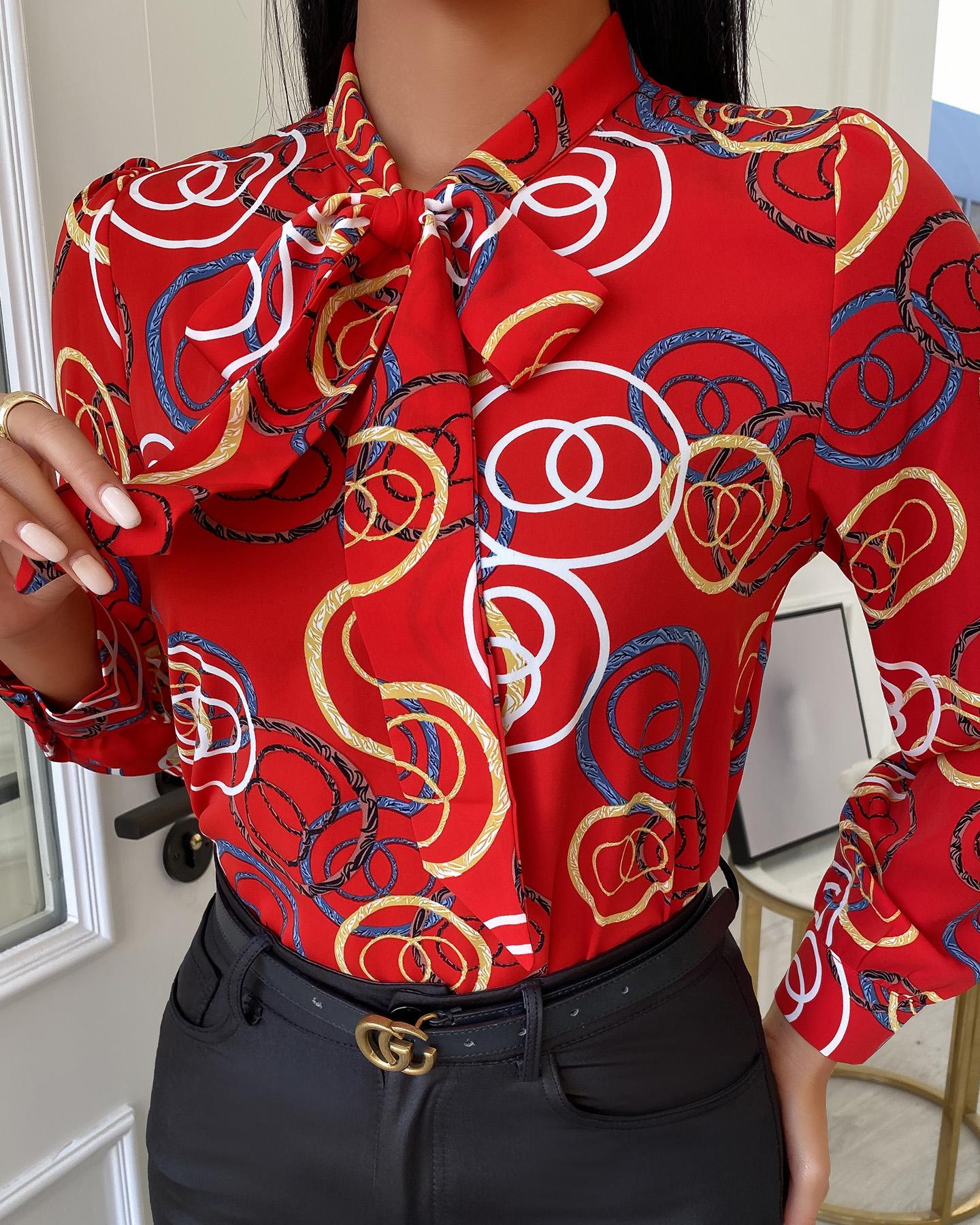 

Tie Neck Scarf Print Long Sleeve Women Blouse, Red