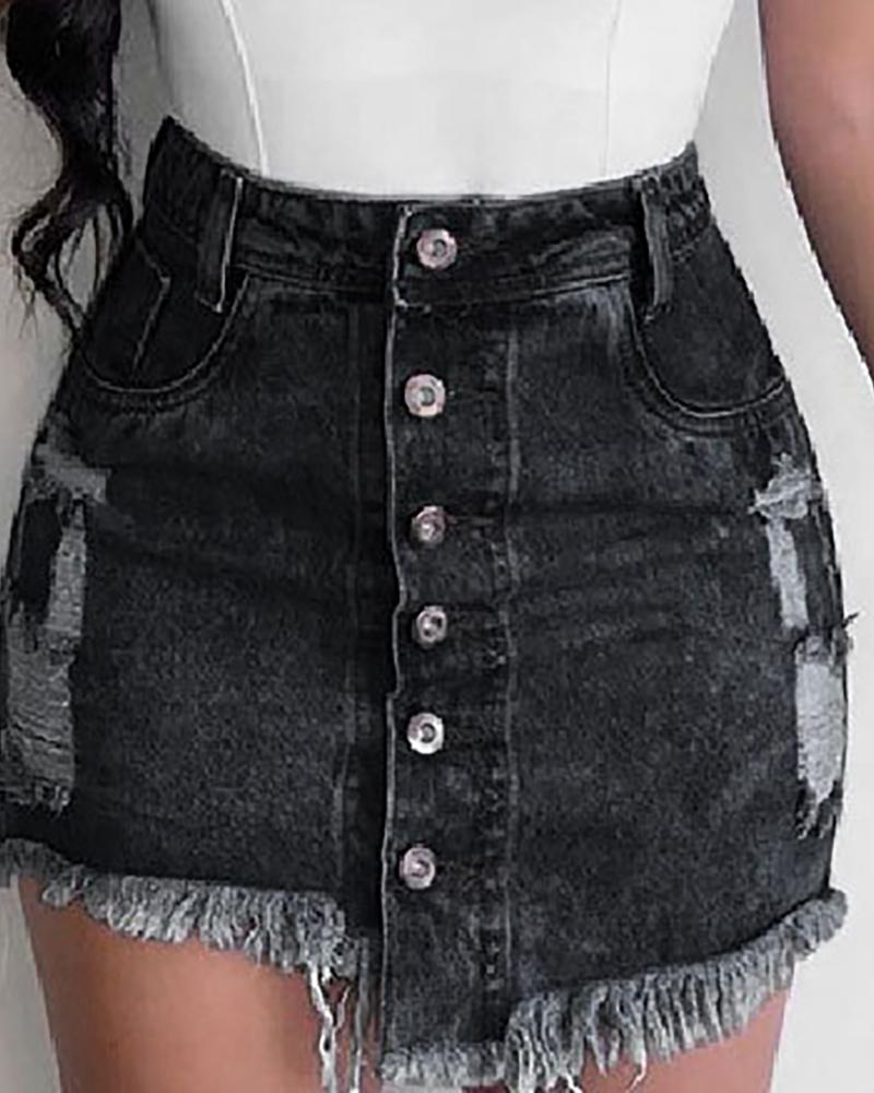 

Ripped Fringe Hem Buttoned Irregular Denim Skirt, Black