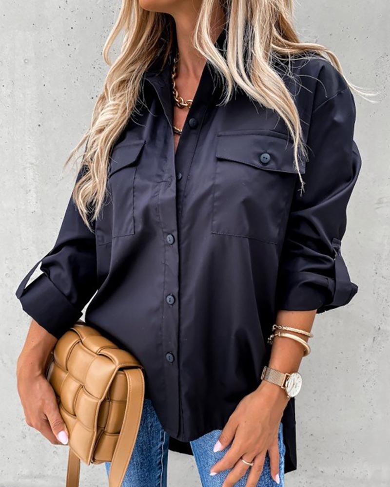 

Buttoned Pockets Design Dip Hem Shirt, Black