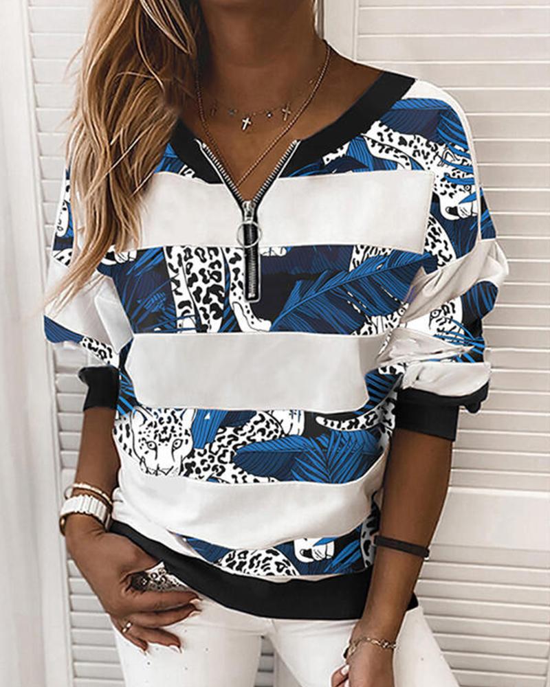 

Leopard Patchwork Long Sleeve Loose Zip-up Blouse, Blue