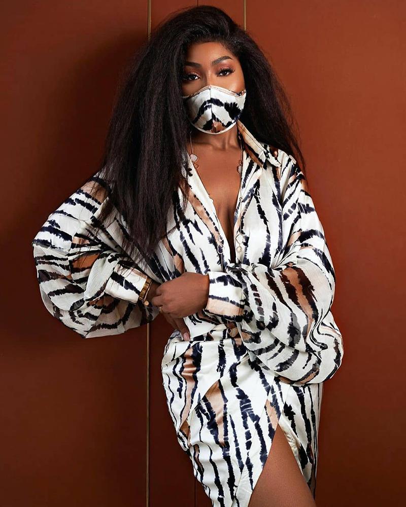 

Leopard Print Lantern Sleeve Shirt Dress With Mask, White