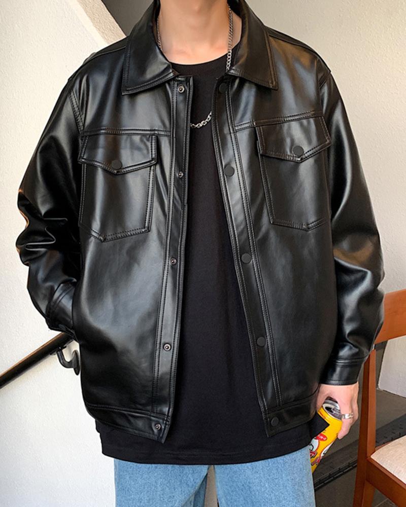 

Solid Color Long Sleeve PU Leather Jacket, Black