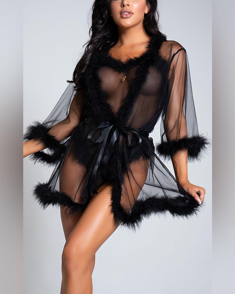 

Solid Color See-through Fluffy Long Sleeve Nightgown, Black