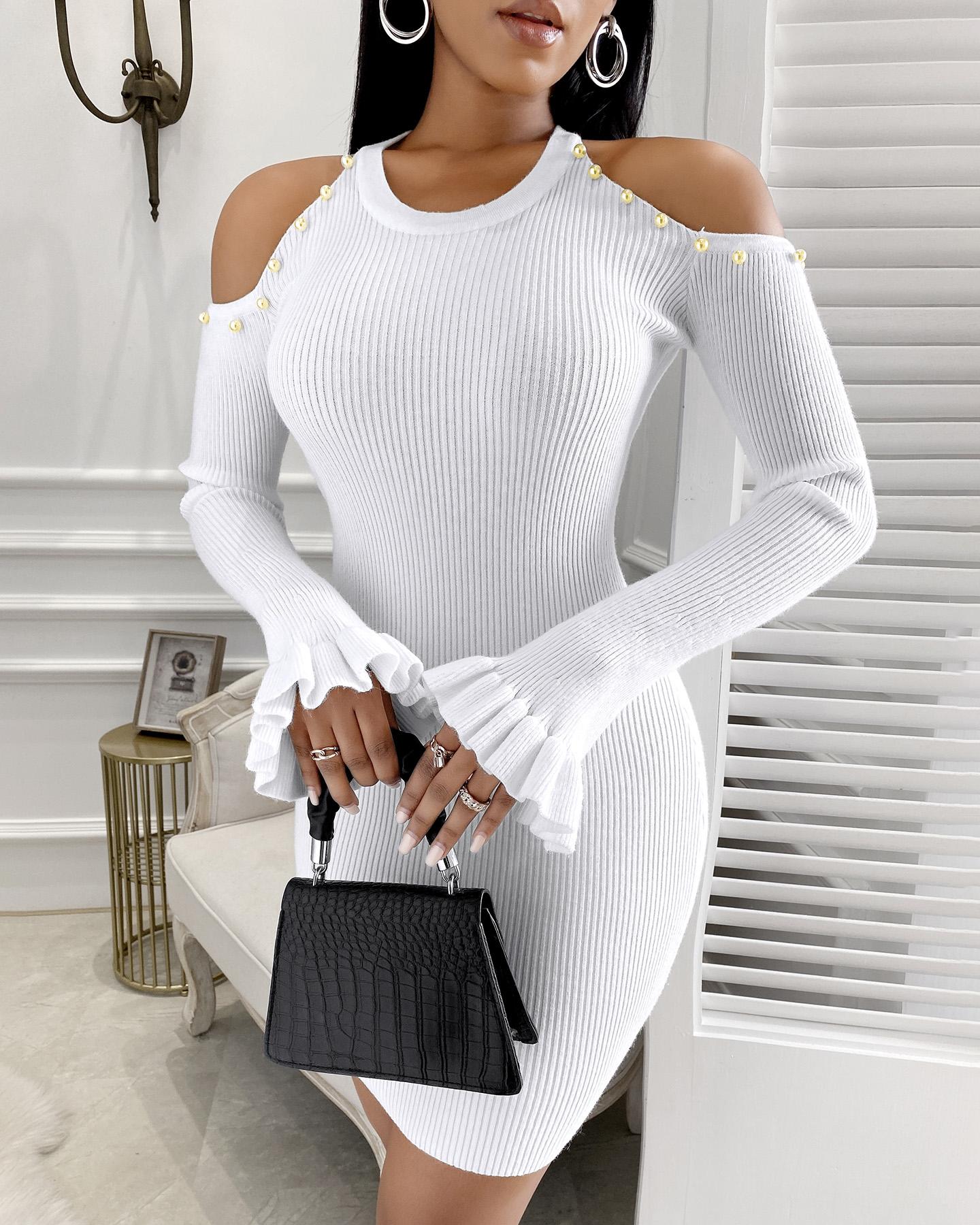 

Cold Shoulder Beaded Bell Sleeve Bodycon Women Dress, White