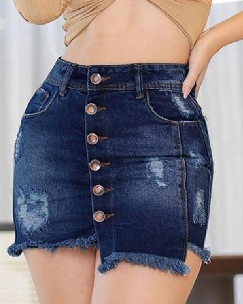 

Ripped Fringe Hem Casual Denim Skirt, Dark blue