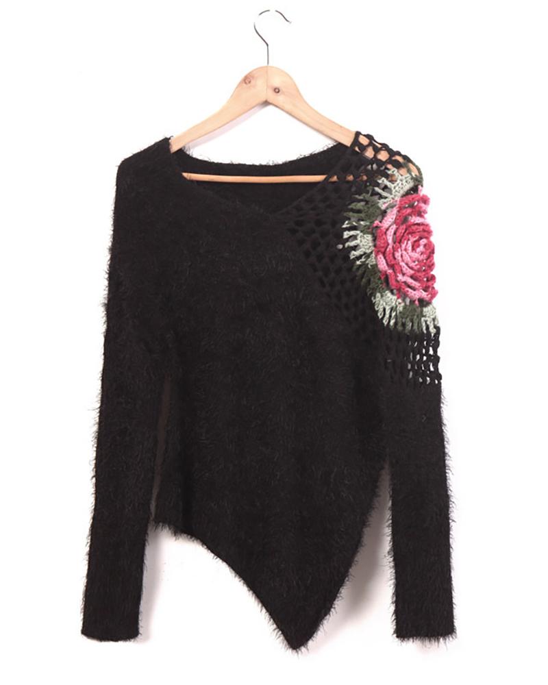 

Floral Pattern Hollow Out Sweater, Black
