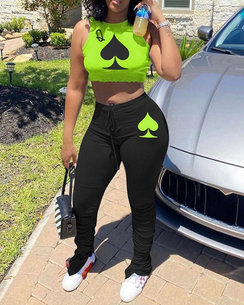 

Poker Print Crop Top & Pants Set, Green