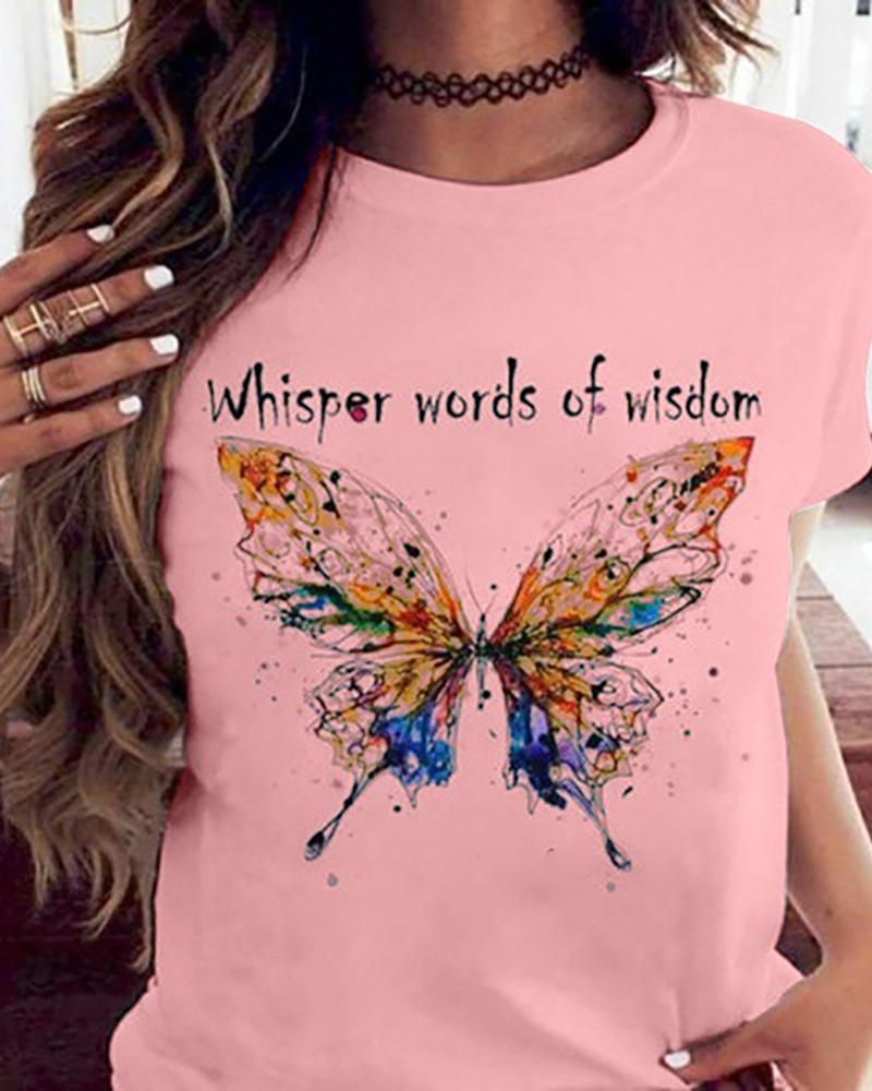 

Butterfly Print Short Sleeve Casual T-shirt, Pink