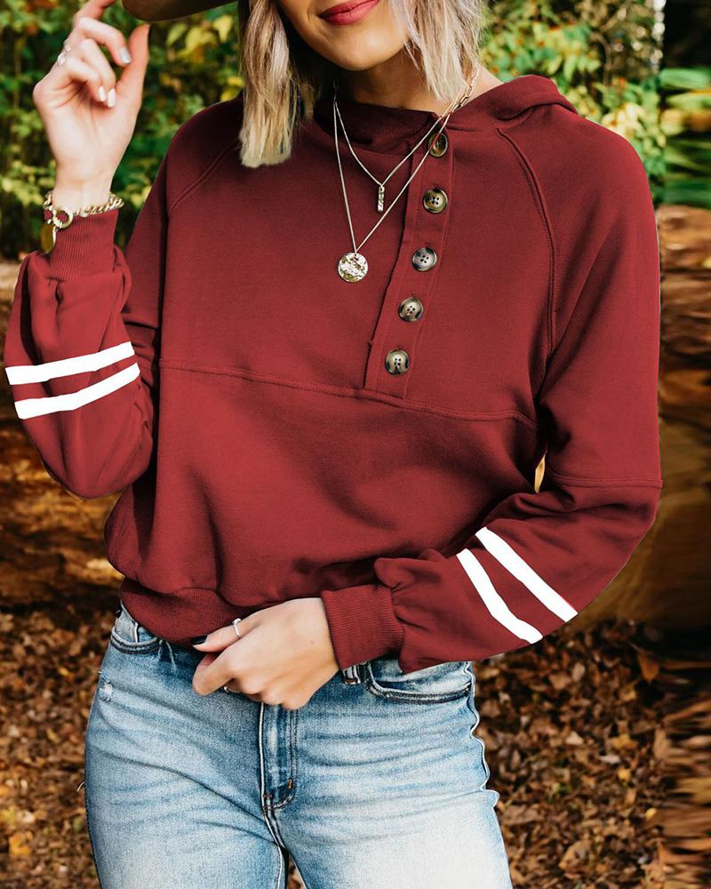 

Colorblock Button Front Lantern Sleeve Hoodie, Red