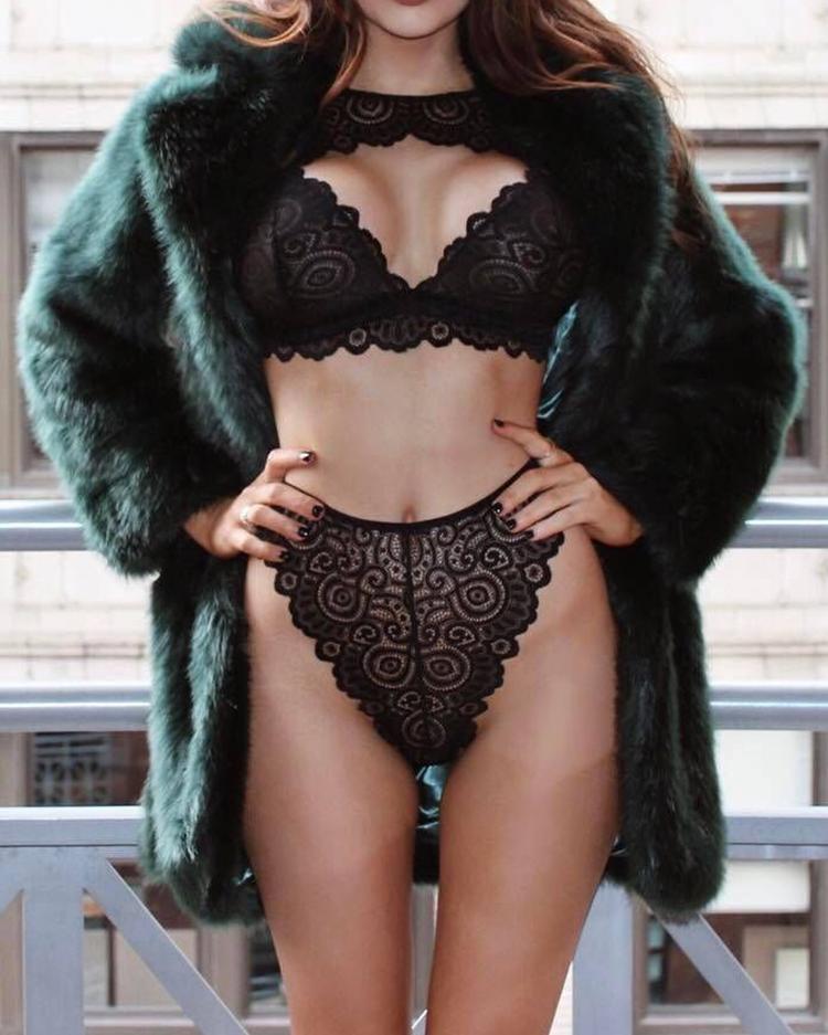 

Sheer Floral Lace Cut Out Lingerie Sets, Black