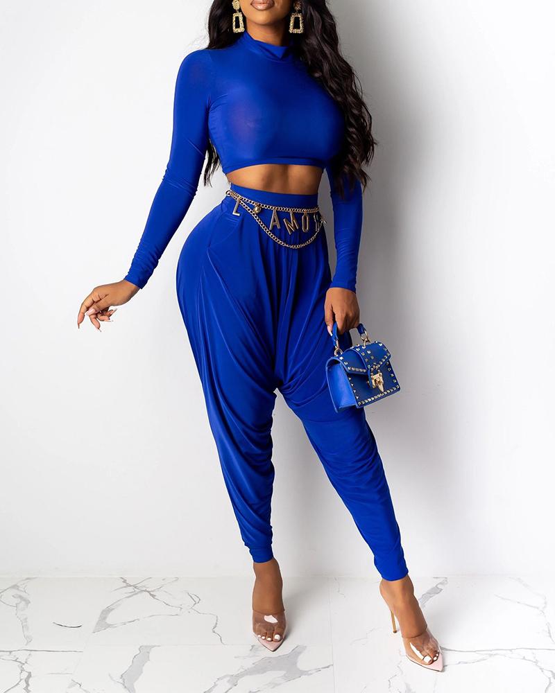 

Solid Long Sleeve Skinny Harem Pants Suit Sets, Blue
