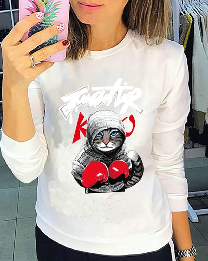 

Cat Letter Print Long Sleeve Sweatshirt, White