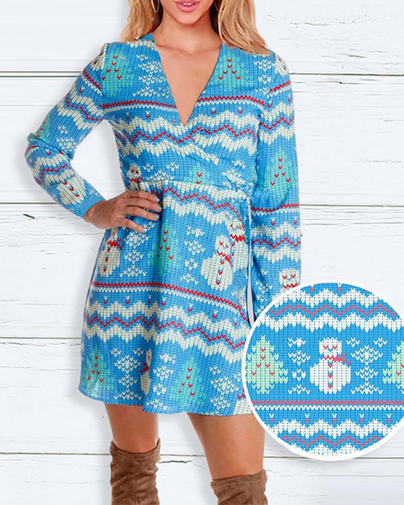 

Christmas Long Sleeve Mixed Print Dress, Light blue