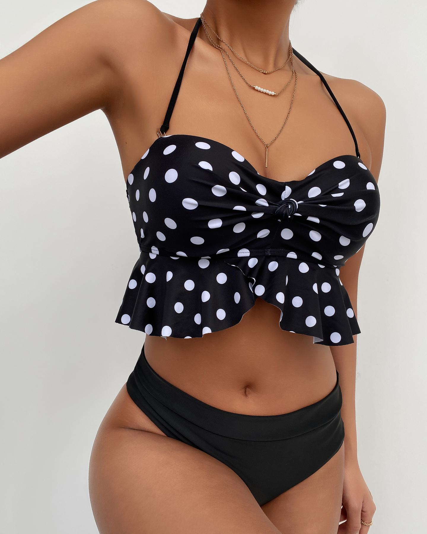 

Polkadot Print Halter Ruffles Bikini Set, Black