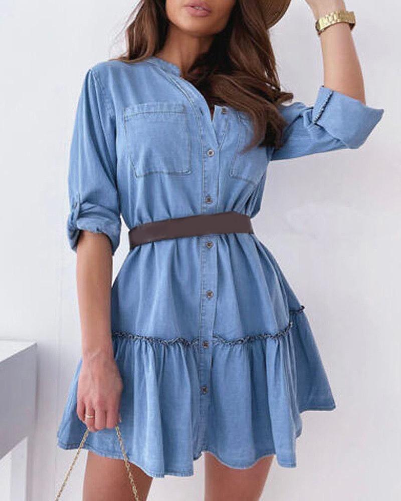 

Denim Ruffles Hem Long Sleeve Casual Dress, Blue