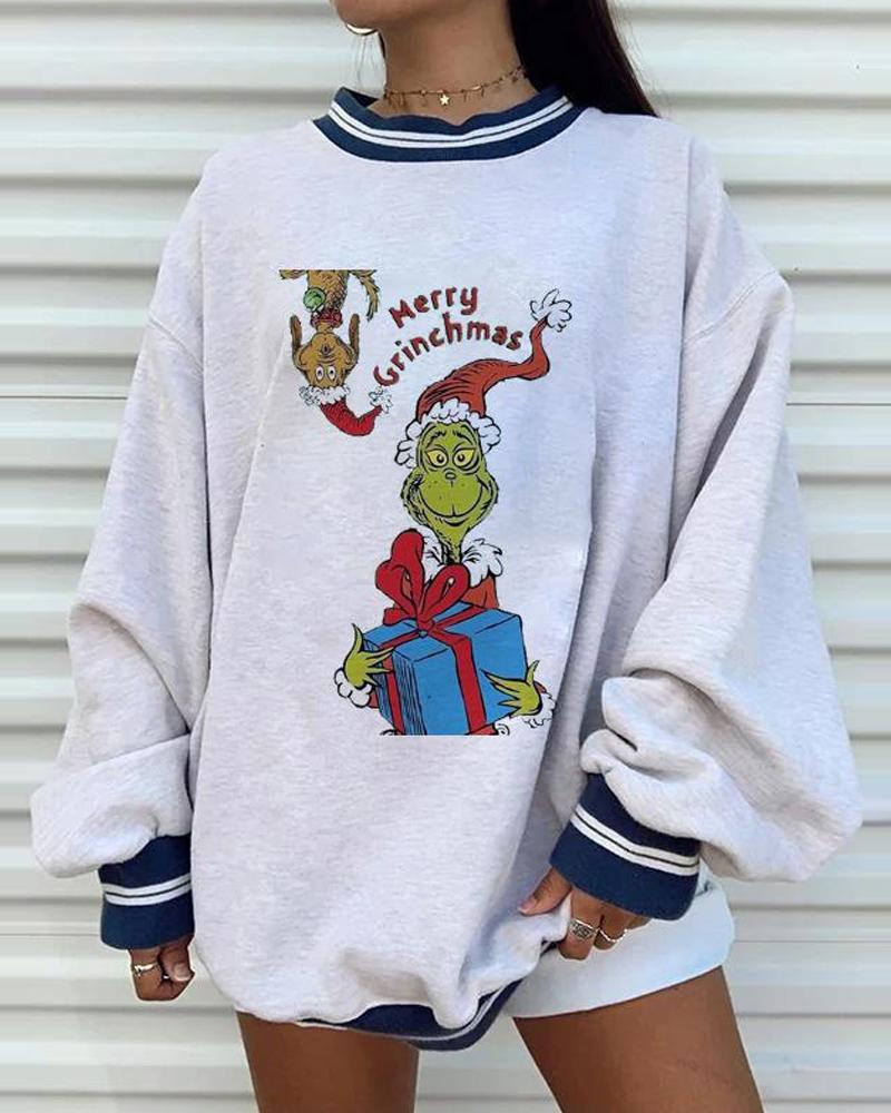 

Christmas The Grinchi Printing Long Sleeve Loose T-shirt, White