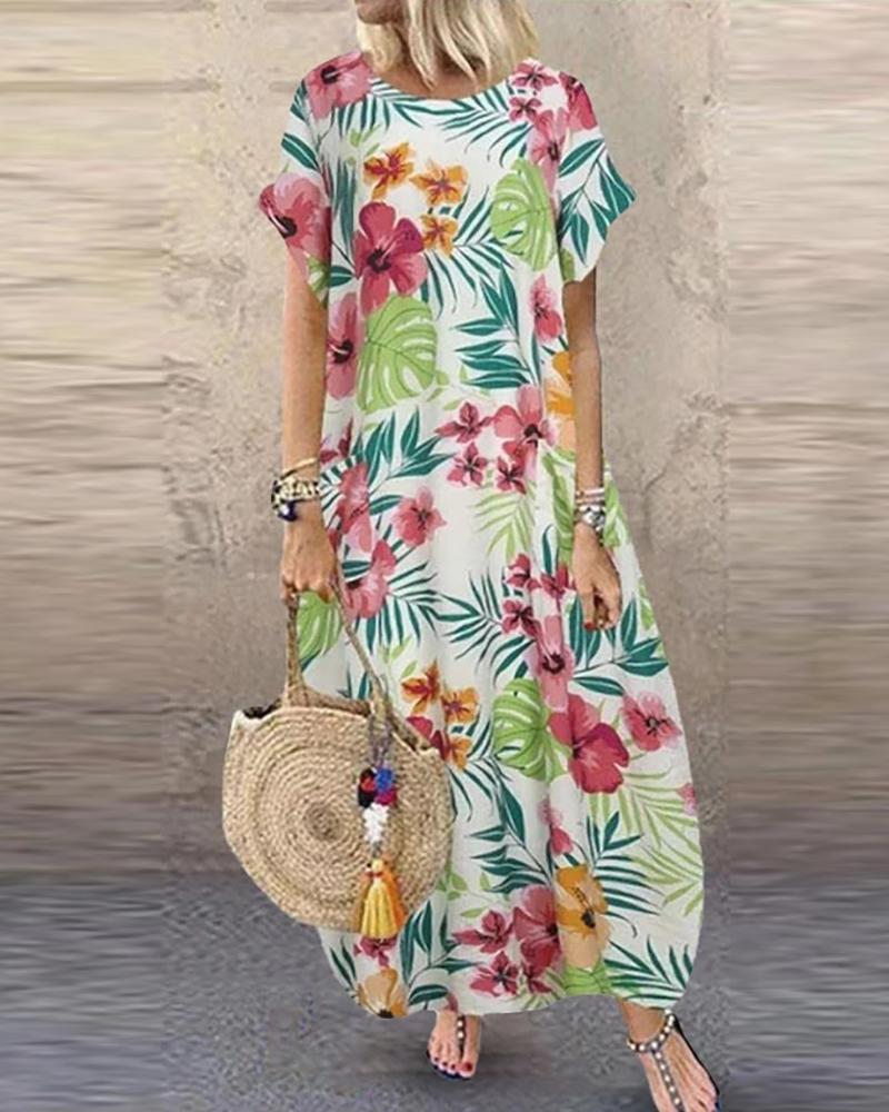 

Short Sleeve Pocket Design Tropical Print Dress, White