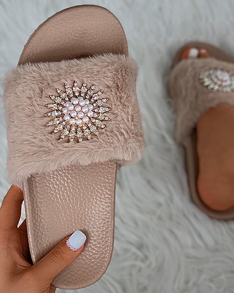 

Studded Beaded Fluffy Slippers, Khaki