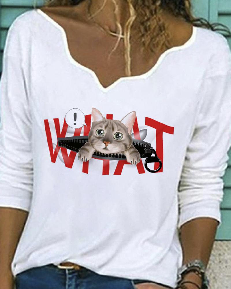 

Cartoon Print Long Sleeve Blouse, White