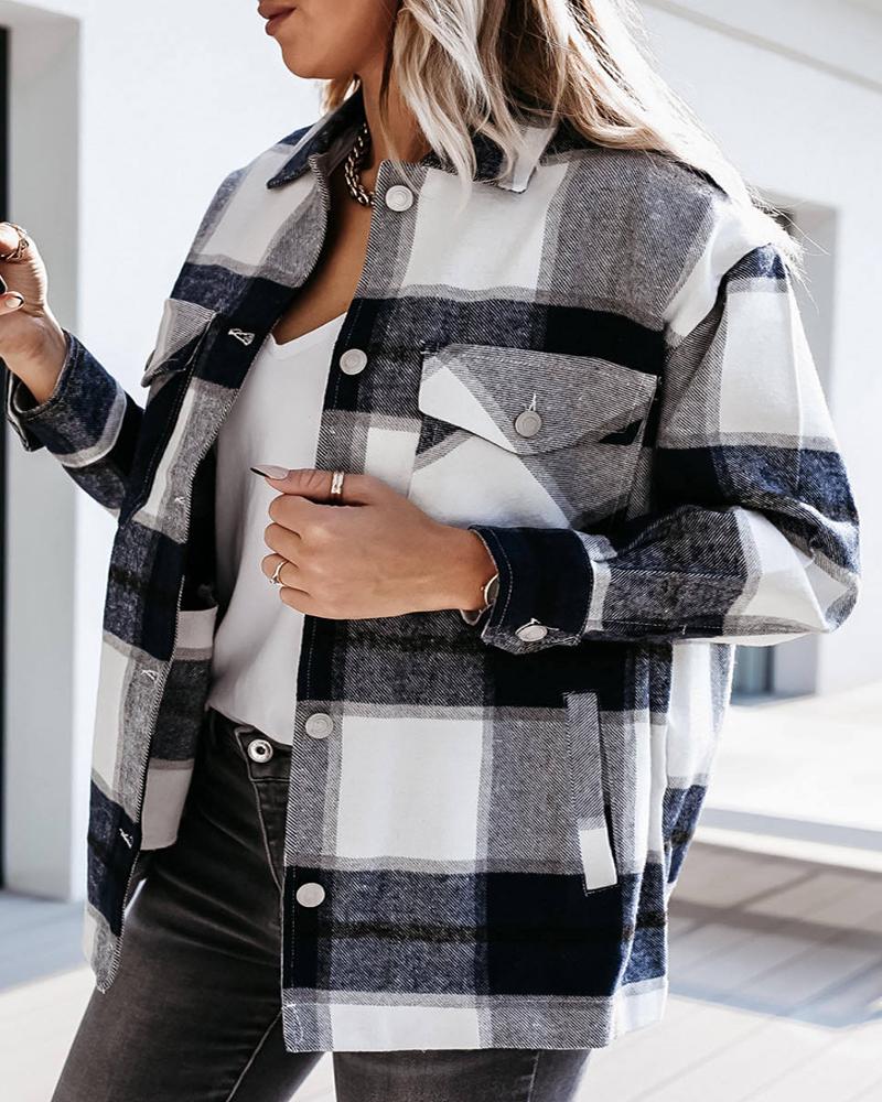 

Buttoned Pocket Design Checked Shacket Shirt, Black