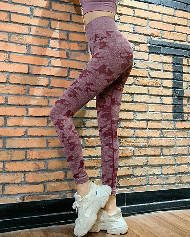 

Camouflage Print High Waist Yoga Pants, Wine red