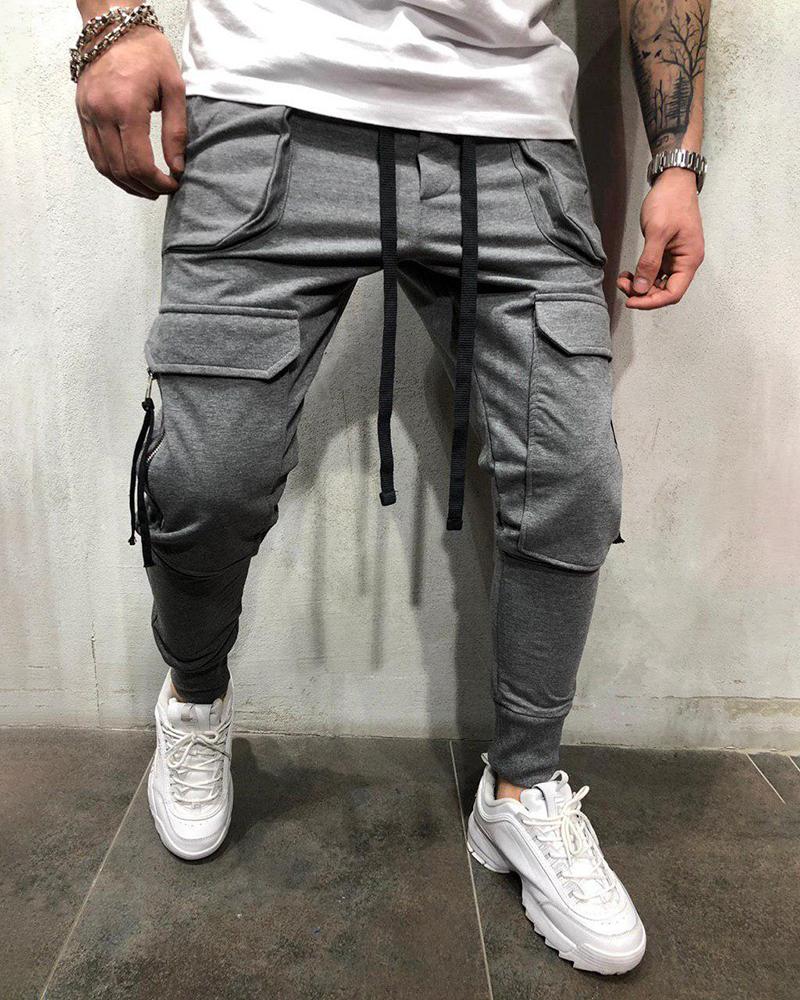 

Men Plain Pocket Design Pants, Gray