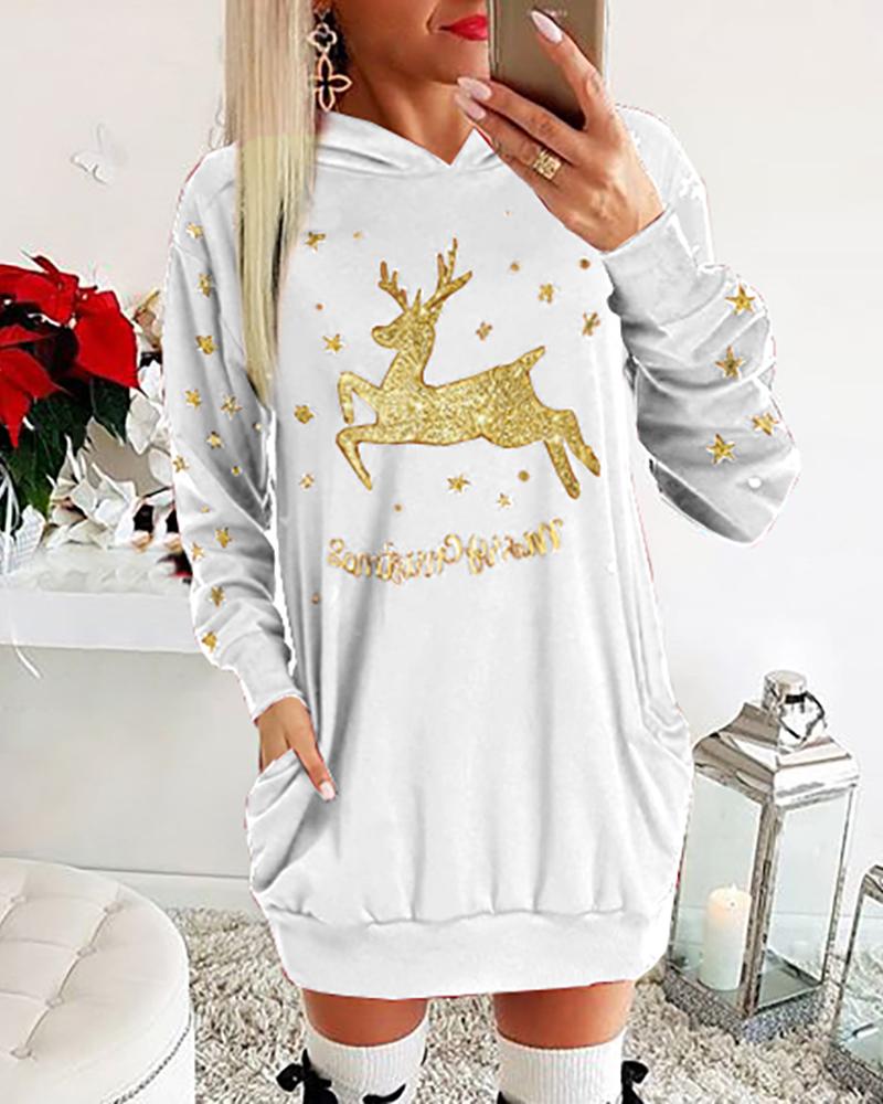 

Christmas Moose Letter Print Dress, White