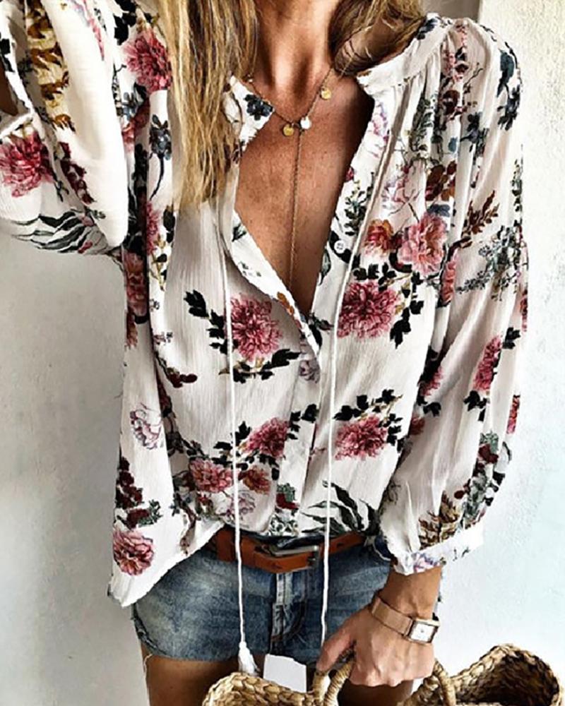 

Floral Print Tassel Design Top, White