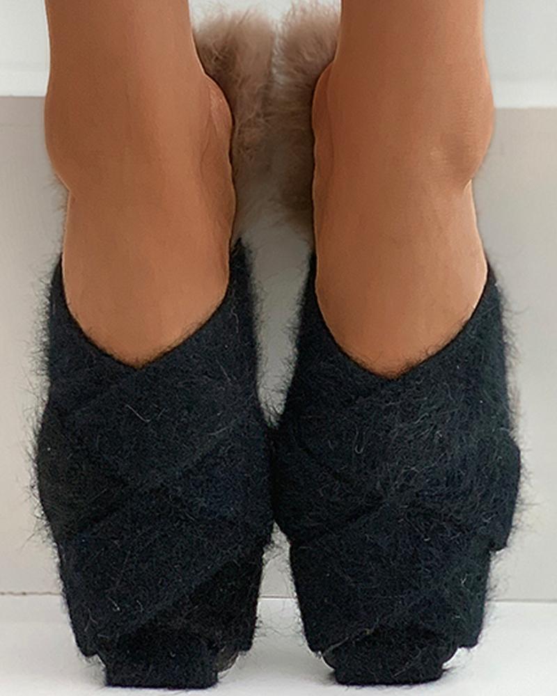

Bandage Plain Fluffy Slippers, Black