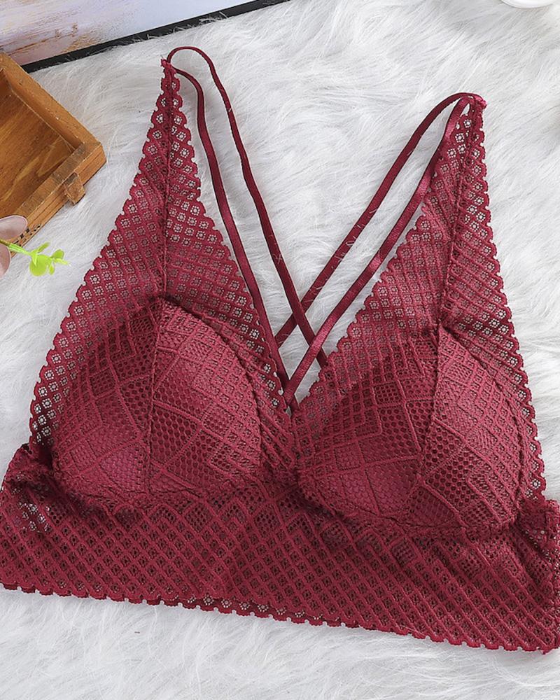 

Lace Bralette Hollow Out Lace Bra Crop Top Wireless Underwear Deep V Push Up Bra, Wine red