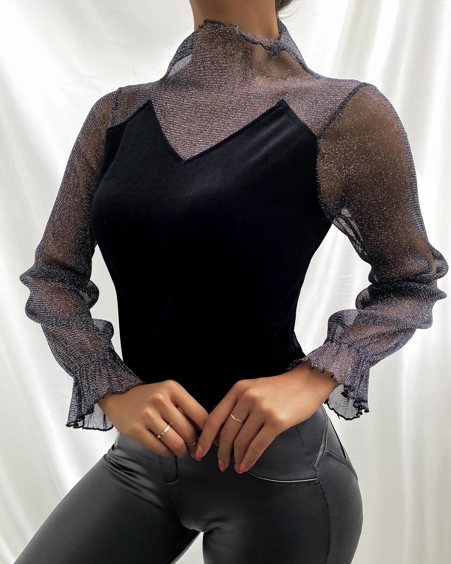 

Glitter Sheer Mesh Long Sleeve Women Top, Black