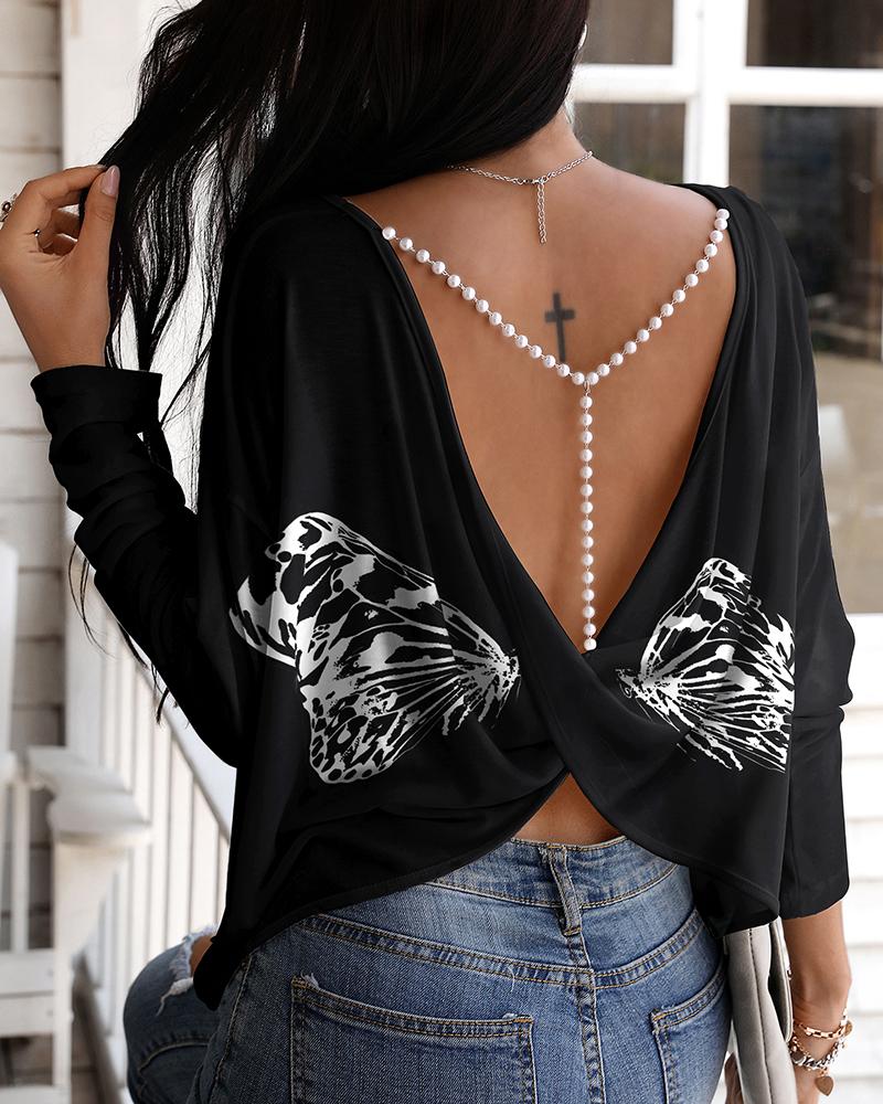 

Butterfly Print Backless Twisted Top, Black