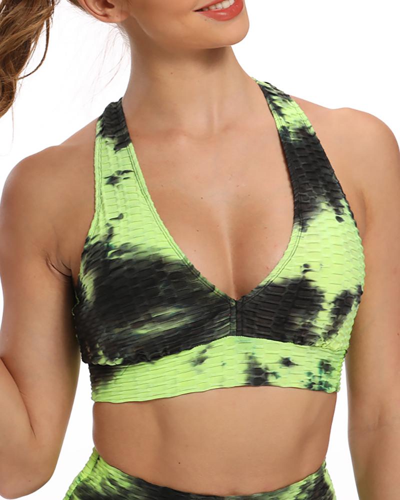 

Tie Dye Print Sports Bras Textured Middle Impact Support Yoga Crop Tops, Yellow
