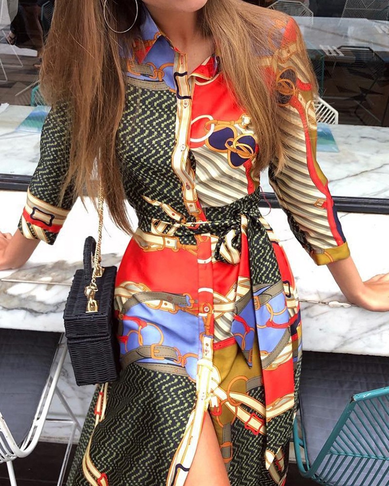Mixed Print Button Up Shirt Dress