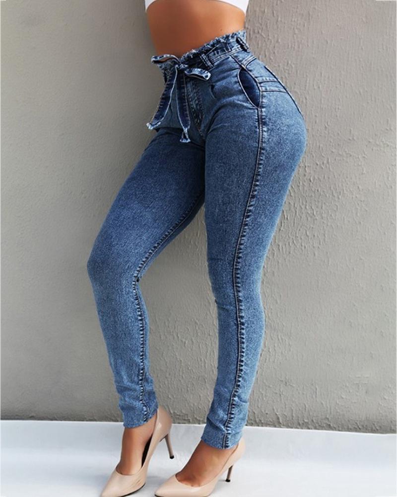 

High Waist Pockets Ripped Denim Pants, Dark blue