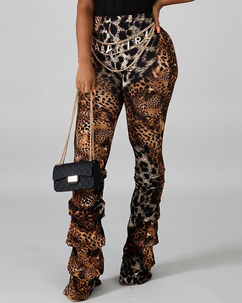 

High Waist Leopard Layered Ruffles Bell-bottomed Pants