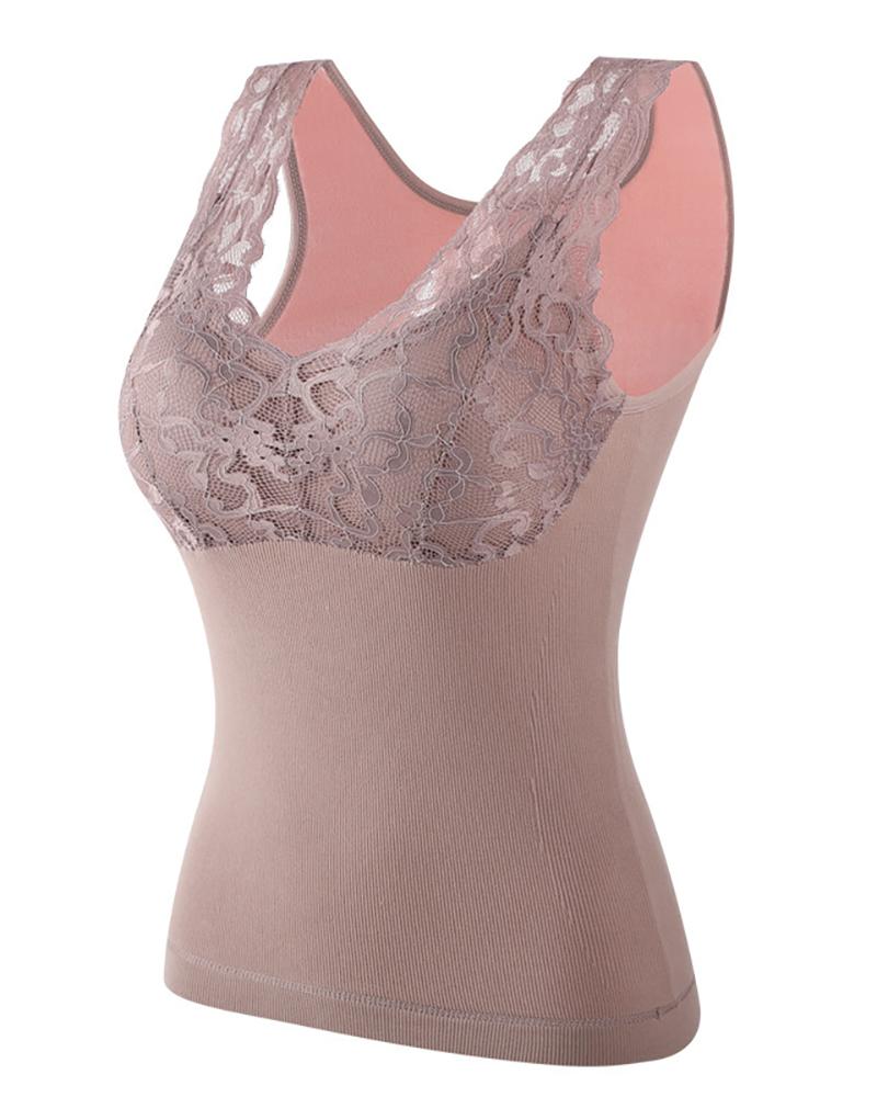 

U Neck Lace Trim Padded Vest Thermal Underwear Base Shirt, Pink