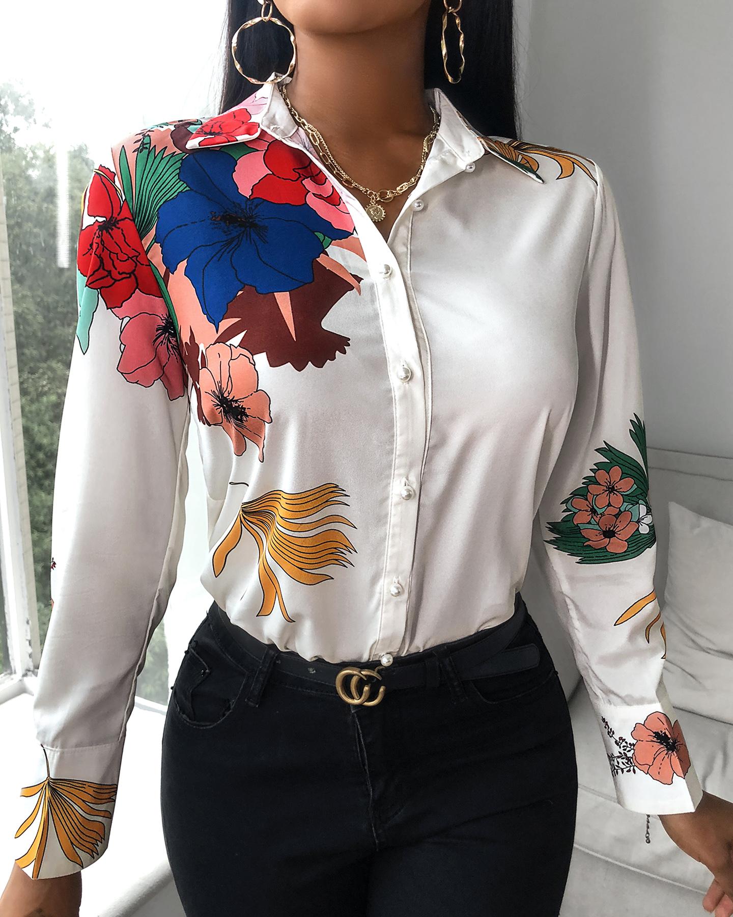 

Floral Print Colorblock Long Sleeve Shirt, White
