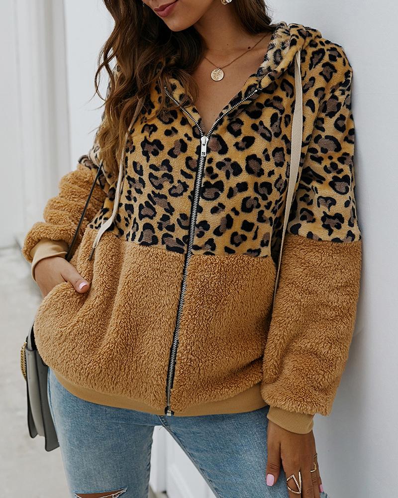 

Cheetah Print Colorblock Fluffy Hooded Coat, Khaki