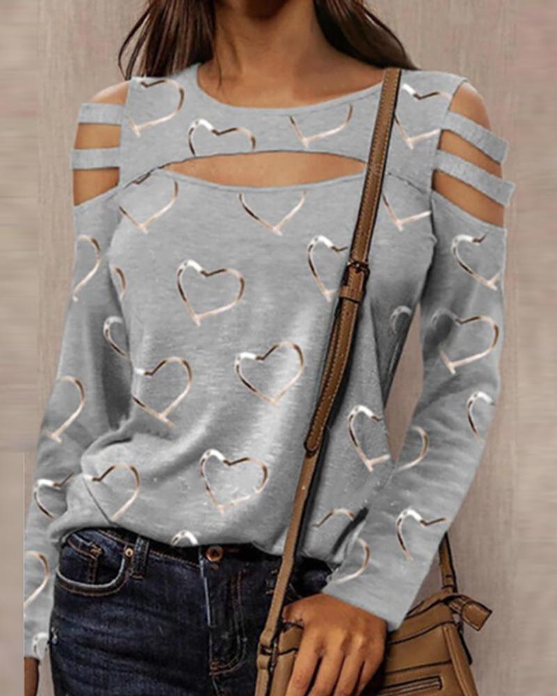 

Heart Print Cutout Front Cold Shoulder Top, Gray