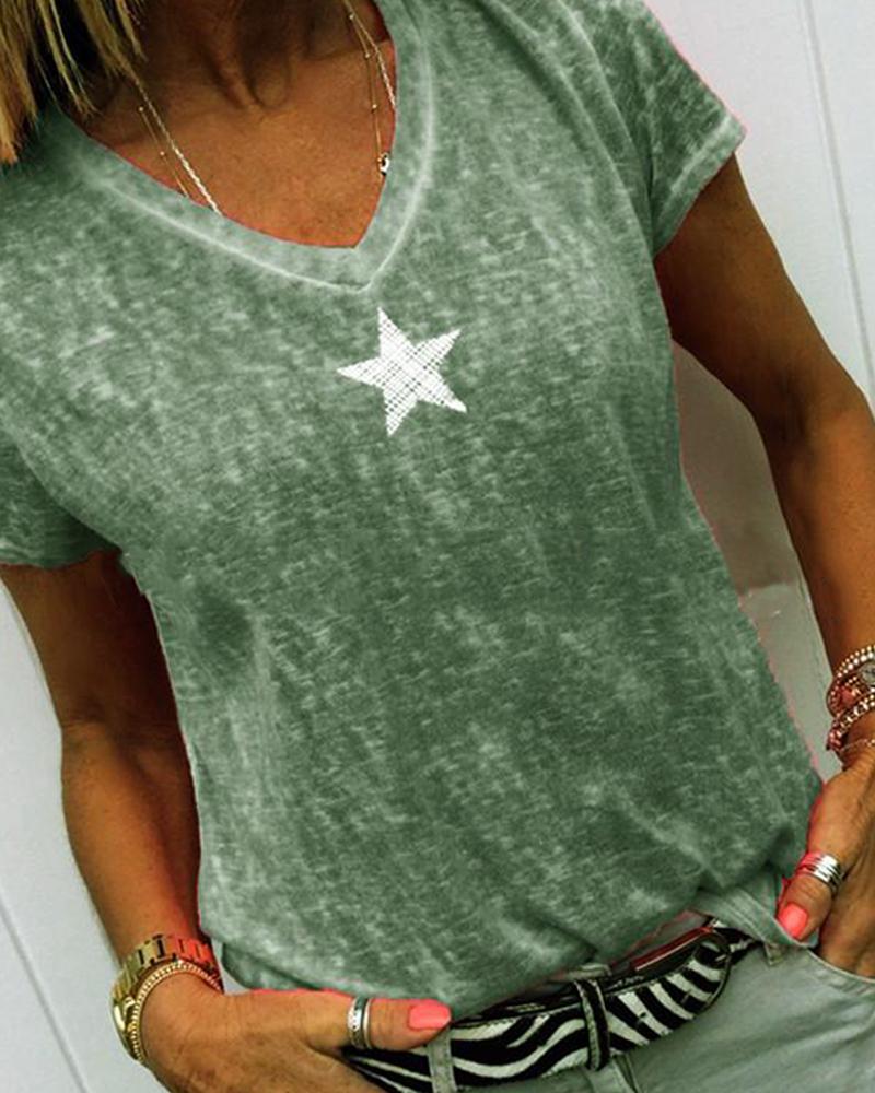

Star Print V-Neck T-Shirt, Army green