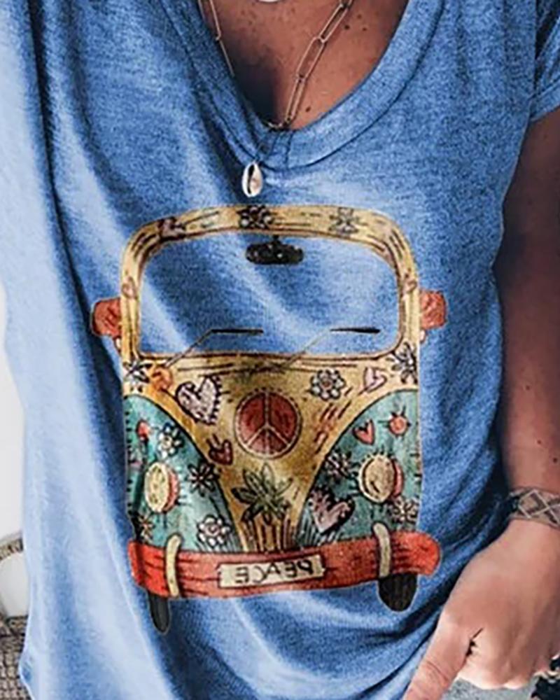 

Car Print V-neck Casual T-shirt, Blue