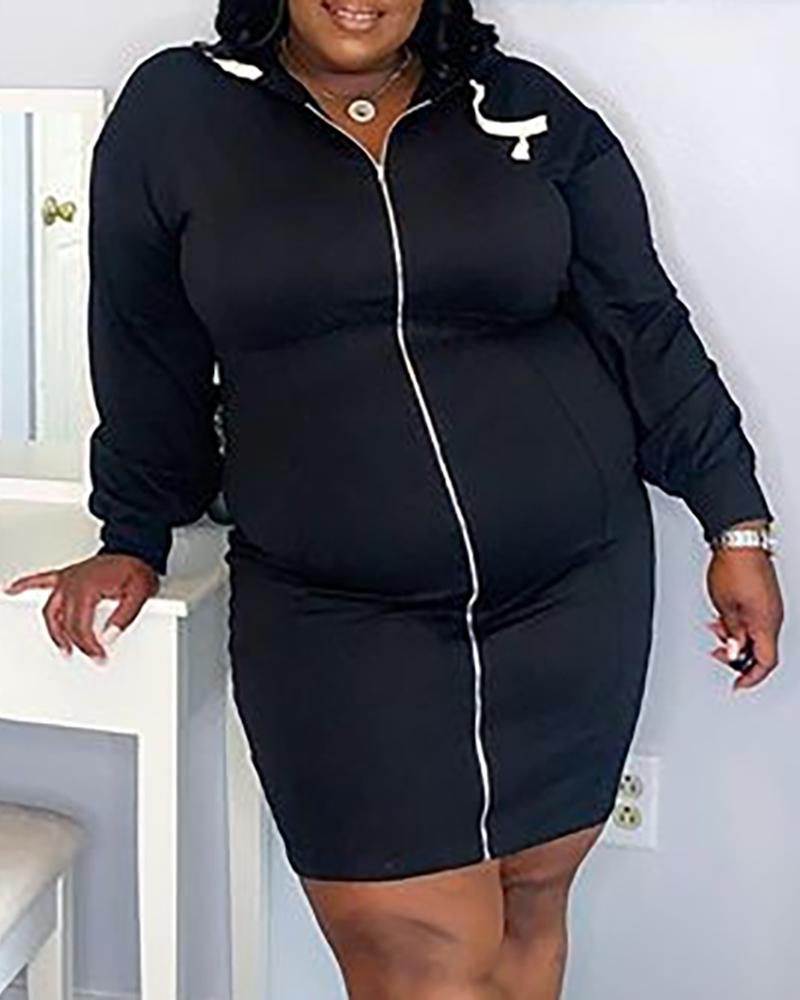 

Plus Size Zipper Design Hooded Sweatshirt Dress, Black
