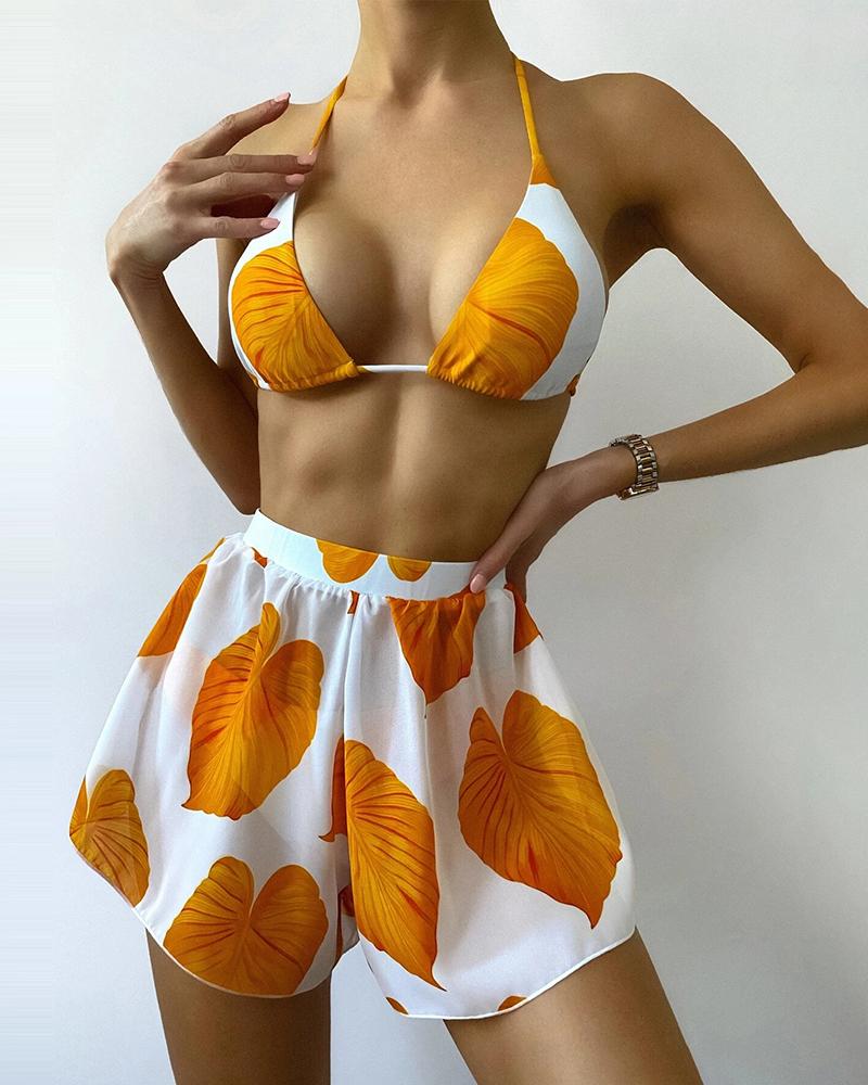 

Halter Leaf Print Bikini Set With High Waisted Cover Up Shorts, Orange