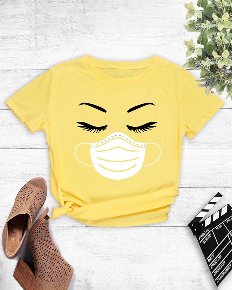 

Eyelash Mask Print Short Sleeve Casual T-shirt, Yellow