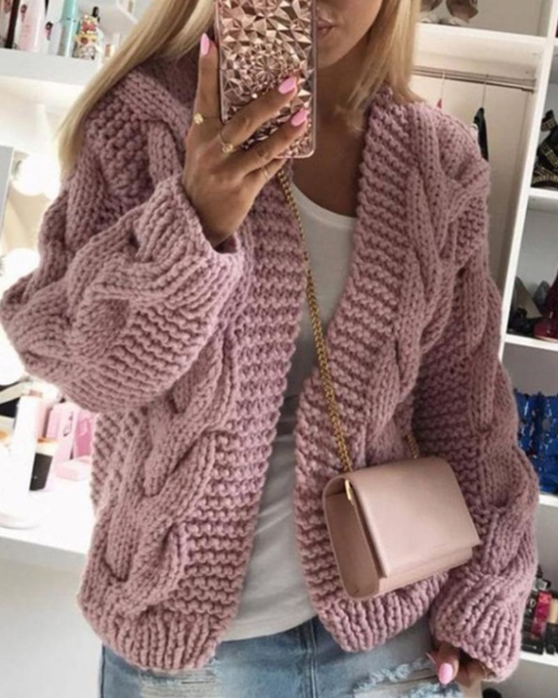 

Solid Long Sleeve Woven Knitted Loose Cardigans, Pink