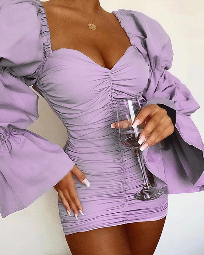 

Puffed Sleeve Ruched Plain Bodycon Dress, Purple